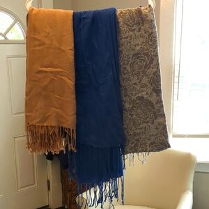 3 Scarf Bundle, Blue, Siver Flower Pattern And Beige